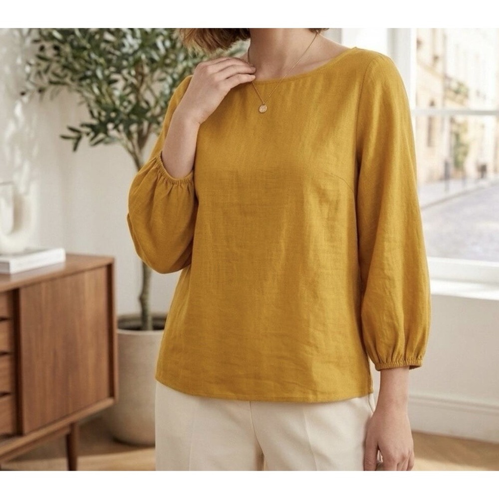 Loft Yellow Linen Blend Pullover Top Boho Coastal Peasant Lagenlook Autumn